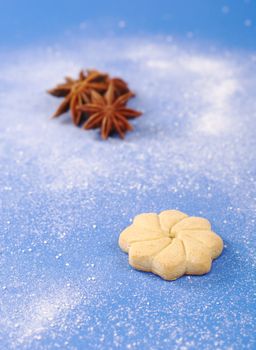 Star-shaped butter cookie with star anise on blue covered by powdered sugar (Selective Focus)