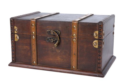 Closed antique wooden trunk isolated on on white background.