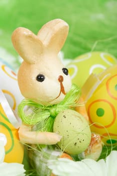bunny, Painted  Easter Eggs on green Grass
