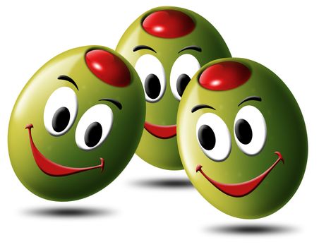 Illustration of 3 smiling green olives, stuffed with tomato or chili