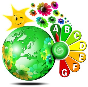 Green globe with a clock shaped like a flower and sun, energy class table