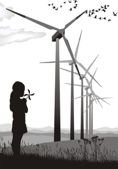 A small propeller and large wind farms, vector illustration