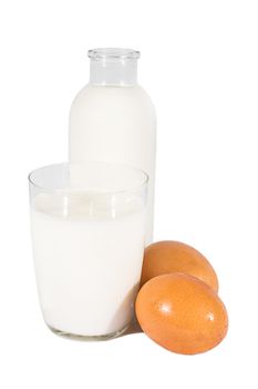 Bottle and glass of milk with eggs over white