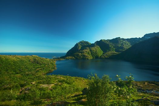 A wideangle landscape shot on the island of Moskenesoya on the Lofoten in Norway