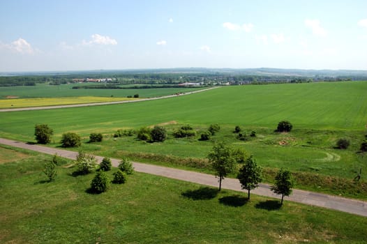 Silesia landscape near Tarnowskie Gory town, Poland. Natural meadows and hills covered with green grass and trees. 