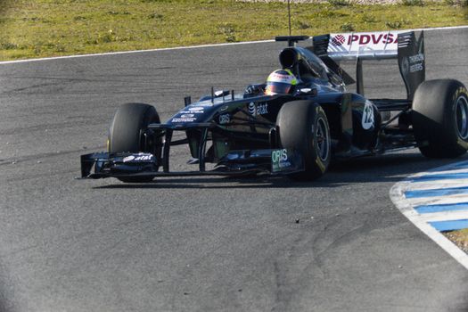 JEREZ DE LA FRONTERA, SPAIN - FEB 11: Pastor Maldonado of Williams F1 takes a curve on training session on  February 11 , 2011, in Jerez de la Frontera , Spain