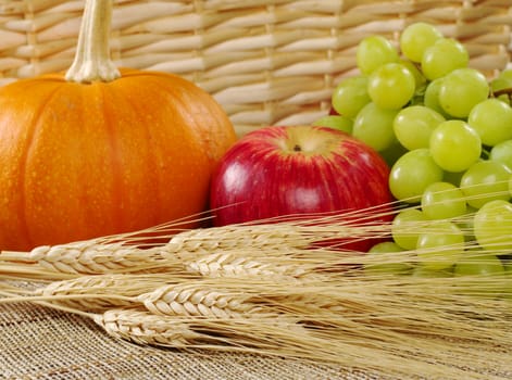 Wheat, grapes, apple and pumpkin with a basket as background (Selective Focus, Focus on the wheat)