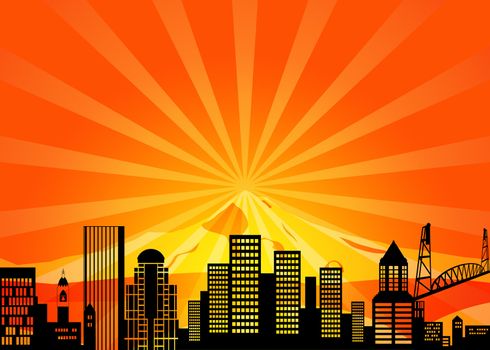 Portland Oregon Downtown City Skyline Illustration