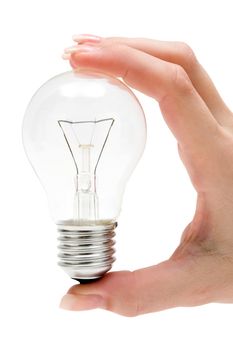 Holding a light bulb. Isolated on a white background.