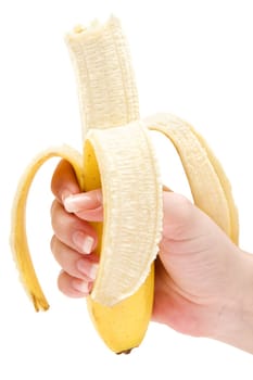 Female hand holding a peeled banana. Isolated on a white background.