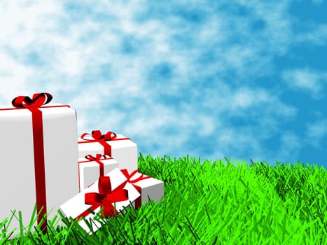 Gift boxes on the grass