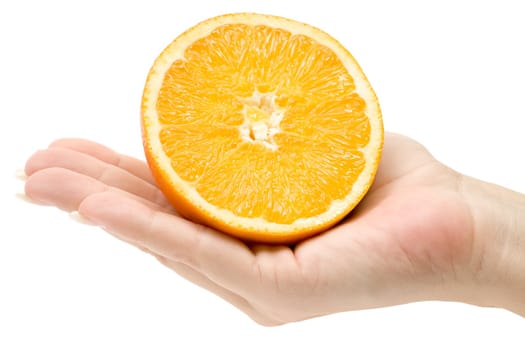 Female hand holding a halved orange. Isolated on a white background.