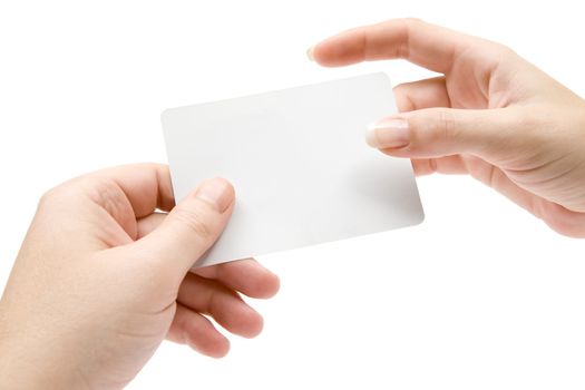 Handing over a business card. Isolated on a white background.