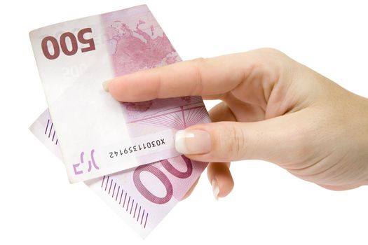 Female hand holding a 500 Euro banknote. Isolated on a white background.