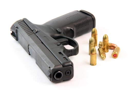 handgun and bullets isolated on white background