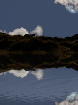 a silhouette of a sheep against a night sky with full moon depicting long sleepless nights reflected in the water