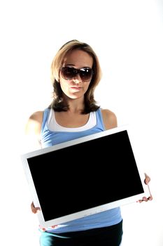 Woman holding a blank monitor for advertising