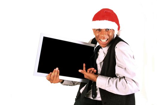 Man showing blank monitor screen