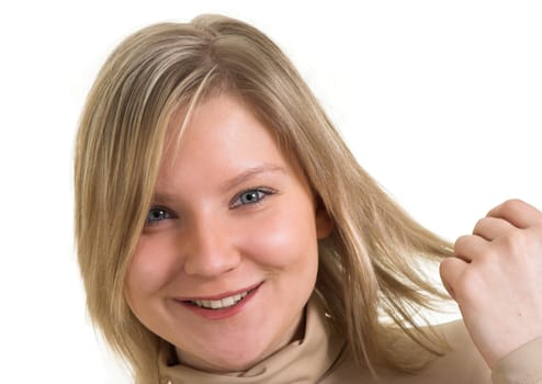 Head portrait of attractive young adult lady holding her hair and smiling. isolated on white background. Copy space.