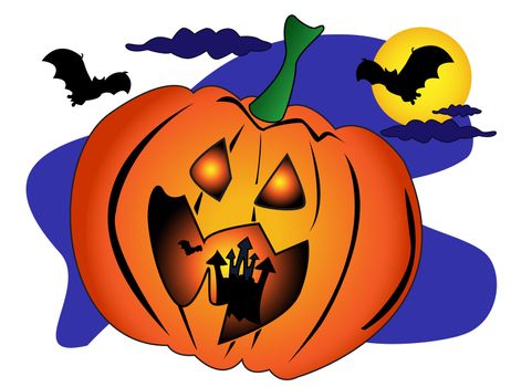 Halloween scene with a big Jack O'Lantern pumpkin with a spooky castle and bats inside.