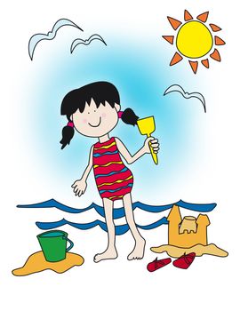 Large childlike cartoon character: little girl with a big smile playing at the beach, building sand castle.