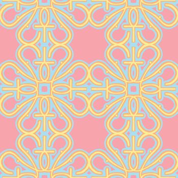 Seamless pink wallpaper pattern with yellow, orange and blue candy colors