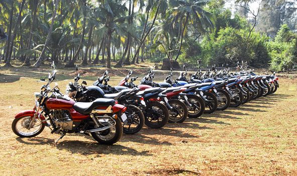 formation of parked motorcycles in a jungle clearing, India