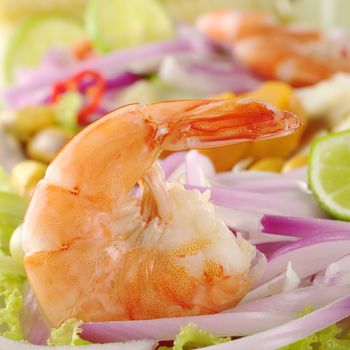 Peruvian Prawn Ceviche: King prawn on red onions and lettuce with lime slices (Selective Focus, Focus on the prawn)  