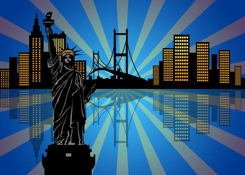 Reflection of New York Manhattan City Skyline at Night Illustration