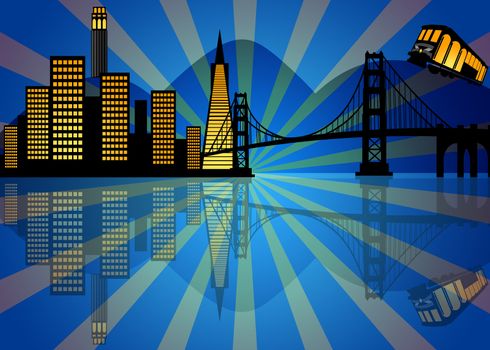 Reflection of San Francisco City Skyline at Night Illustration