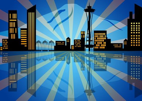 Reflection of Seattle Washington City Skyline at Night Illustration