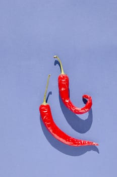 two red chilli peppers on violet background
