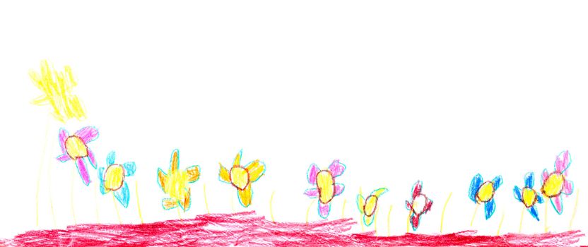 Children's drawing - colored flowers, drawn with crayons