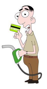 Isolated cartoon character holding fuel pump and credit card