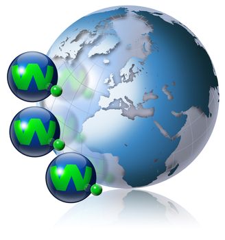 Illustration symbol www and internet with green terrestrial globe and 3 blue planets