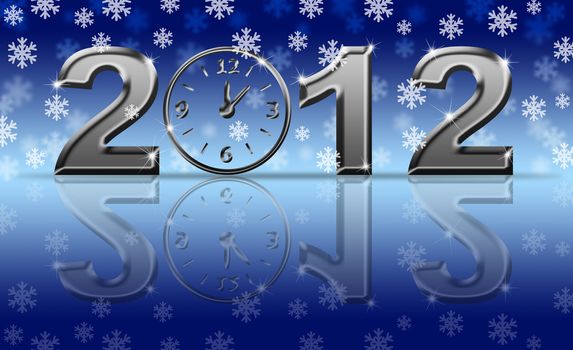 Silver 2012 Happy New Year Clock with Snowflakes and Reflection