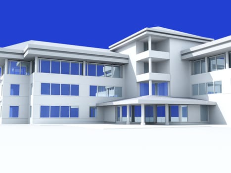Modern, airy office building against the blue sky