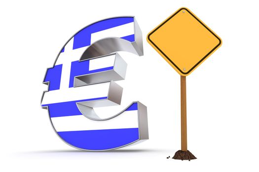 shiny metallic Euro symbol with a greek flag on it's front - a yellow quadrangular warning sign stands next to it