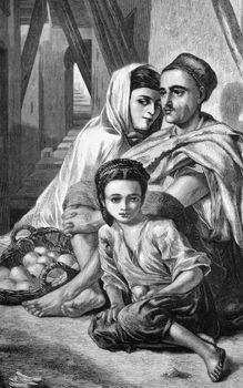 Kabyle orange sellers in Algeria on engraving from 1870. Engraved by W.Thomas from a painting by A.Elmore and published in the Graphic.