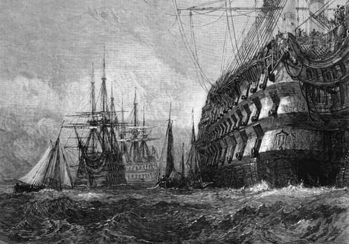 Big warship on engraving from 1865 after a drawing by J.M.W.Turner and published in the Illustrated London News.