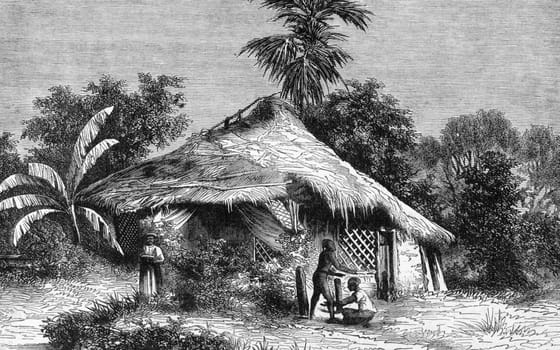 Native Hut at Bombay on engraving from 1800s.