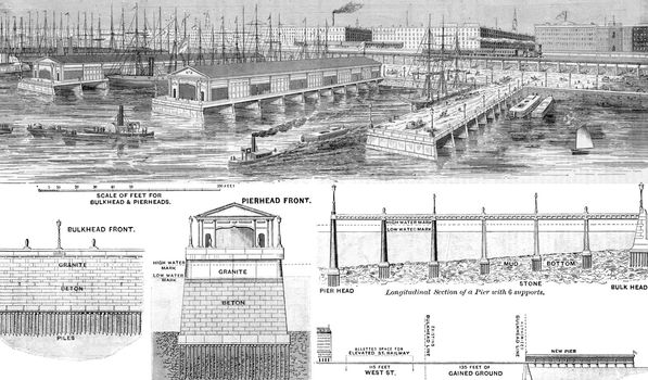 Proposed wharfage piers and improved front for the city of New York on engraving from 1884. Published in Knights new mechanical dictionary : a description of tools, instruments, machines, processes and engineering.
