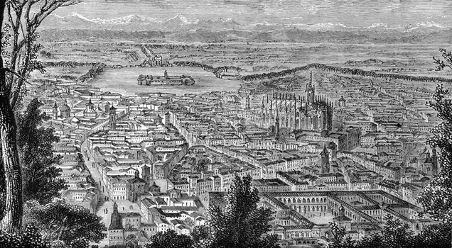 General view of Milan, Italy on engraving from 1800s.