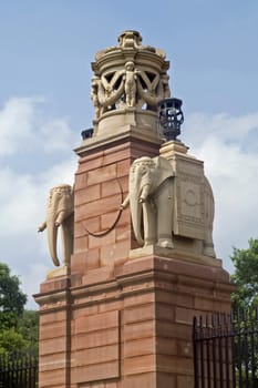 Gatepost with stone carved elephants. Entrance to Rashtrapati Bhavan (former Viceroy's House when Indian was under British rule). New Delhi, India