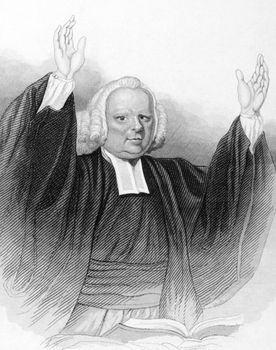 John Wesley (1703-1791) preaching over an open bible on engraving from the 1800s. Anglican cleric and Christian theologian. Published in London by L.Tallis.