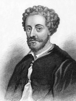John Fletcher (1579-1625) on engraving from 1800s.
Jacobean playwright. Engraved for Townsend Alphabetical Chronology.