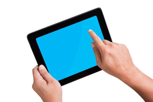 Isolated a male hand holding a touchpad pc
