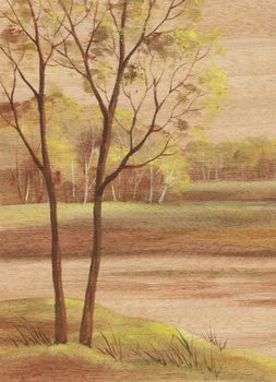 Picture, landscape, hand-draw, distemper painting on wood veneer anegry