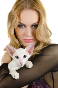 beauty young blond woman with oriental shorthair cat on a white