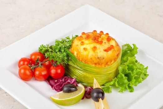 Tasty dish of salmon with omelette and philadelphia cheese